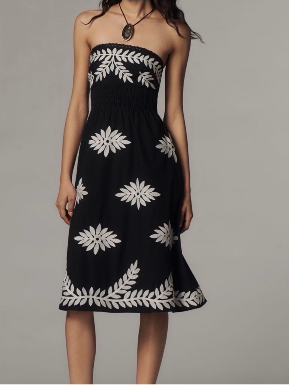 Anthropologie Black Strapless Midi Dress with White Floral Motif